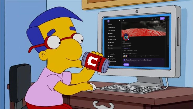 Milhouse at a computer with a Farcaster frame